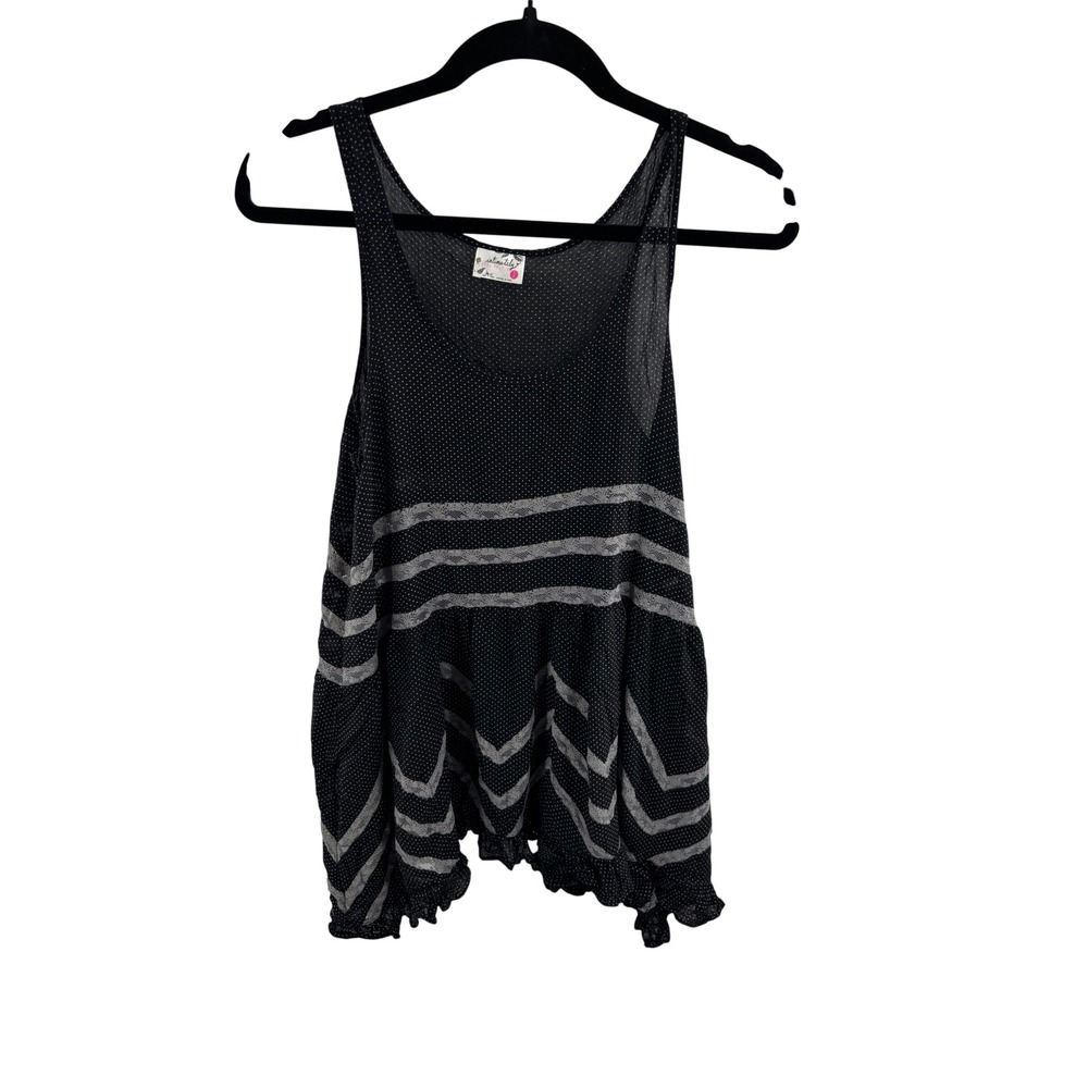 Intimately Free People Black Polka Dot Lace Trim Ruffle Hem Tank Top Small‎